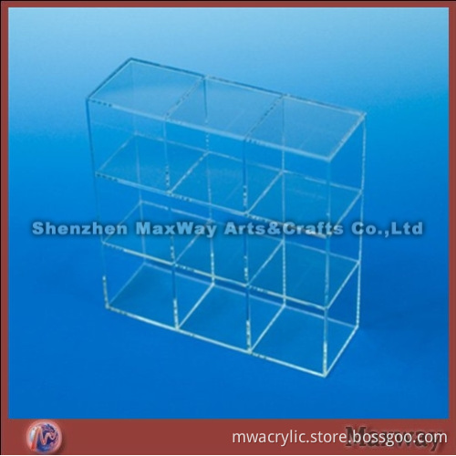 Transparent 3 tiers rectangle polished acrylic/PMMA container/vessel/receptacle with 9 box/bin